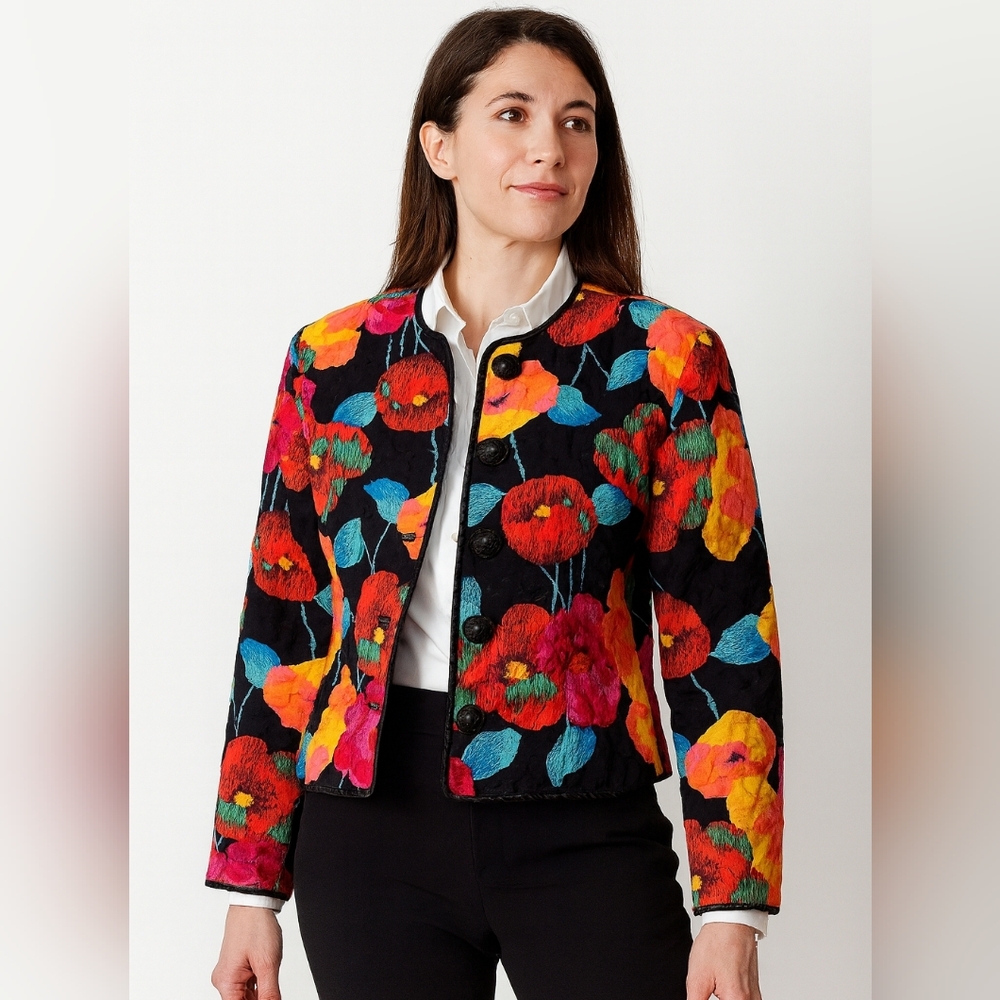 Vintage Gay Boyer New York Floral Quilted 100% Silk‎ Designer Mobwife Size 10